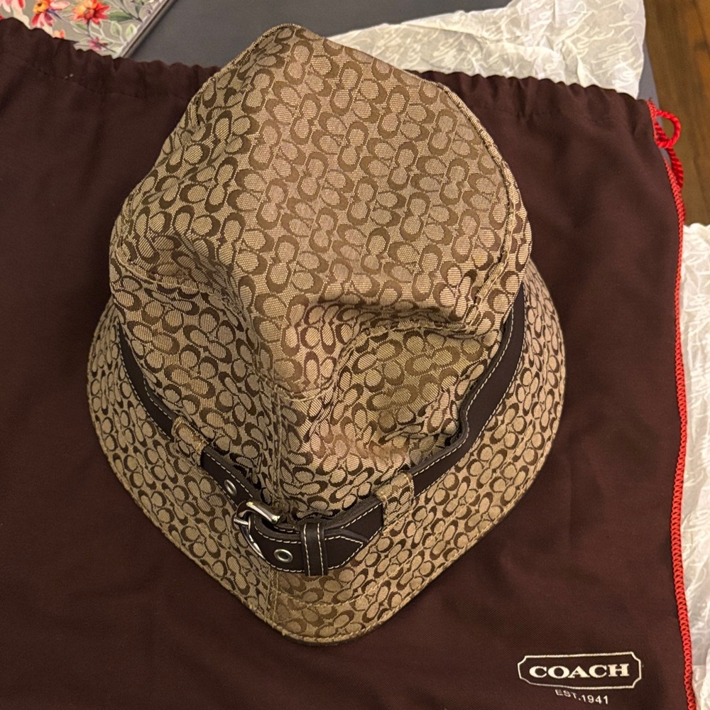 Coach Brown Signature Canvas Bucket Hat with Dark Brown Trim